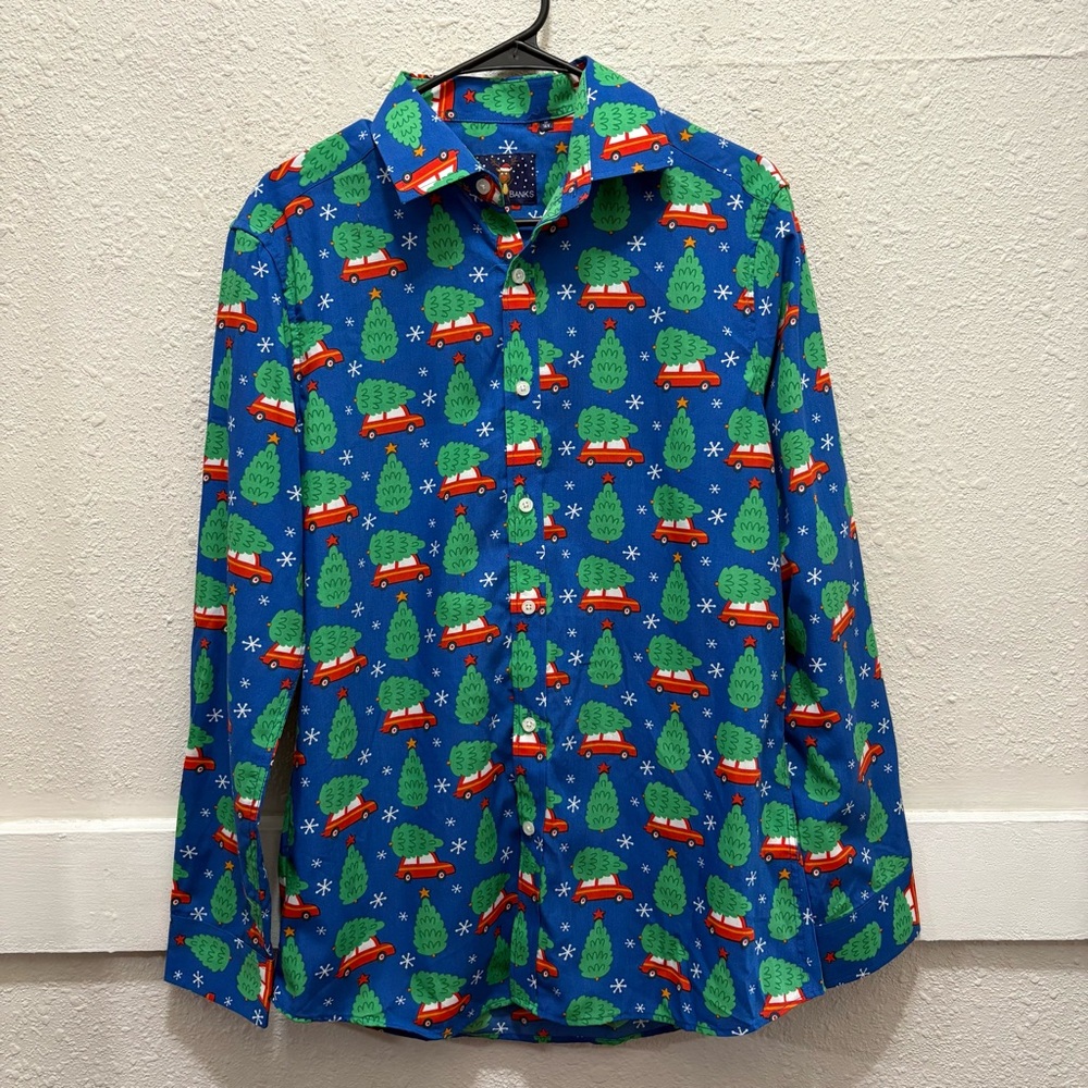 Simon Banks Christmas Tree on Car Button Down Shirt Medium